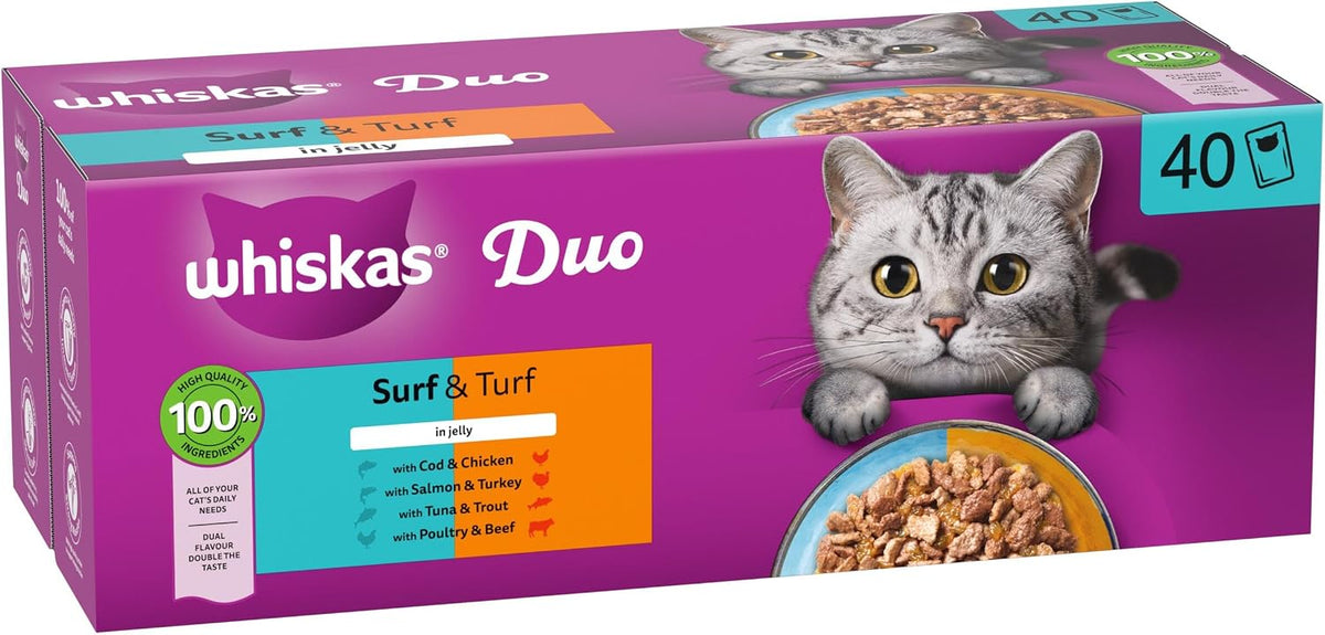 WHISKAS DUO Adult Wet Cat Food in Jelly 40x85g Surf & Turf Rosh Posh LTD