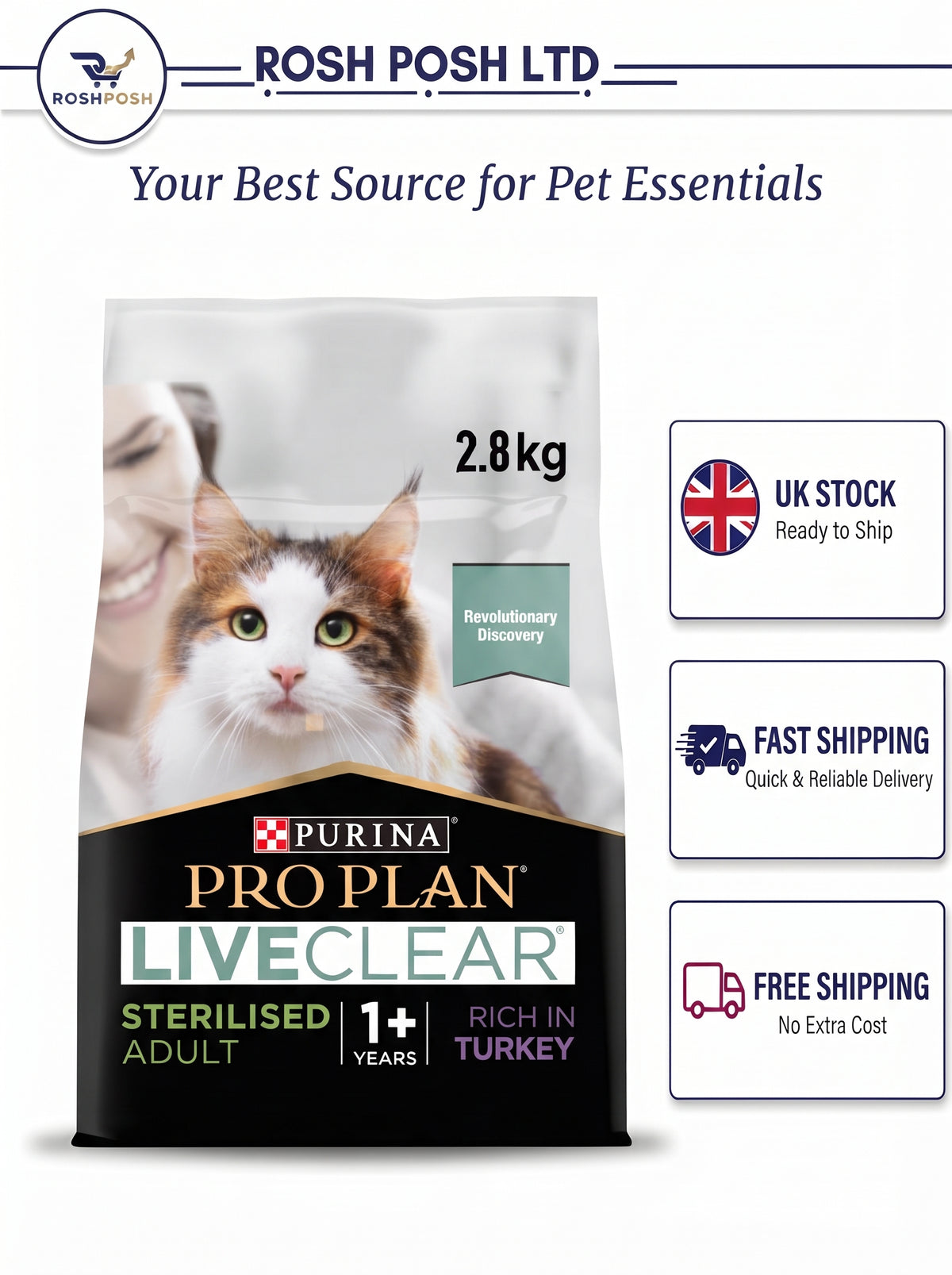PRO PLAN® LIVECLEAR® Adult 1+ STERILISED Rich in Turkey Dry Cat Food 2.8kg Rosh posh LTD