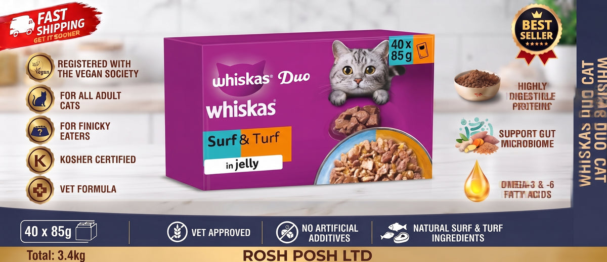 WHISKAS DUO Adult Wet Cat Food in Jelly 40x85g Surf & Turf Rosh Posh LTD