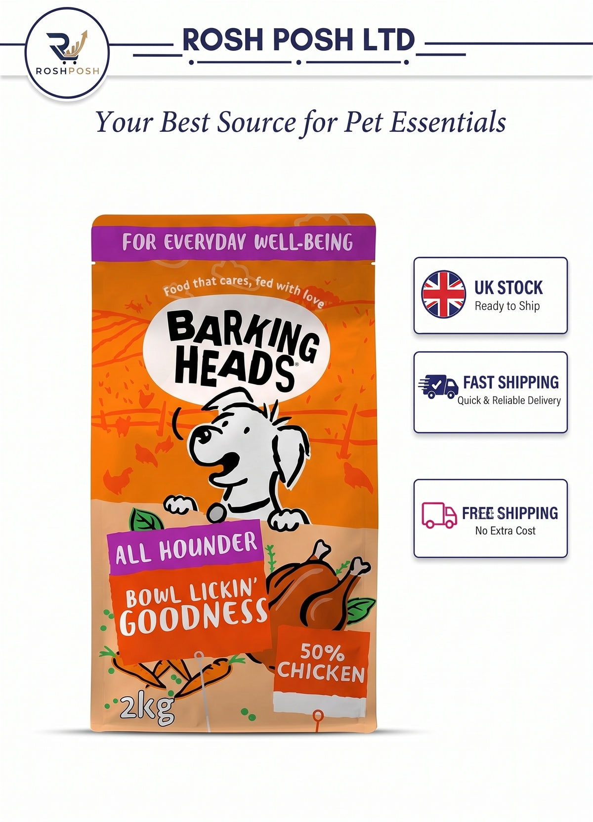 Barking Heads Dry Adult Dog Food 2kg - Chicken -Rosh Posh LTD