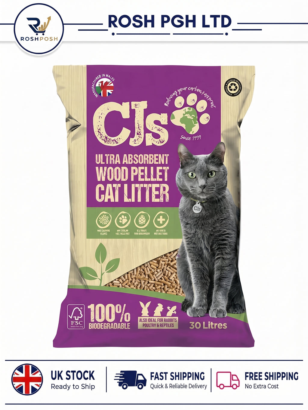CJ's Premium Cat Litter Ultra Absorbent Wood Pellets, Biodegradable, 30 L rosh posh LTD