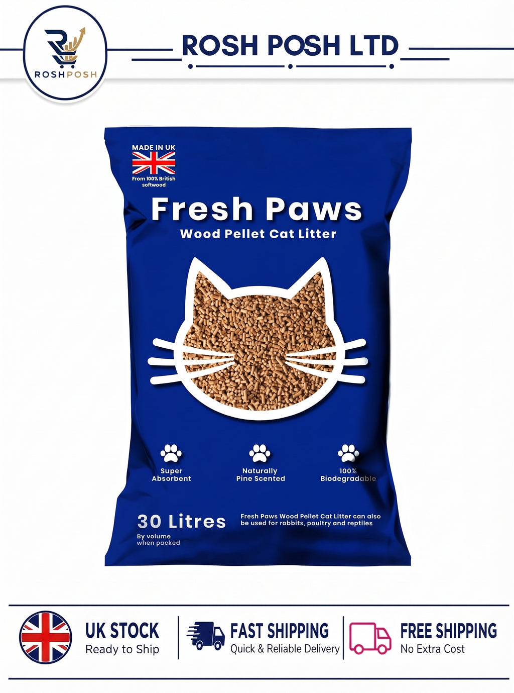 Fresh Paws Premium Wood Pellet Cat Litter, 30 L Rosh PoshLTD