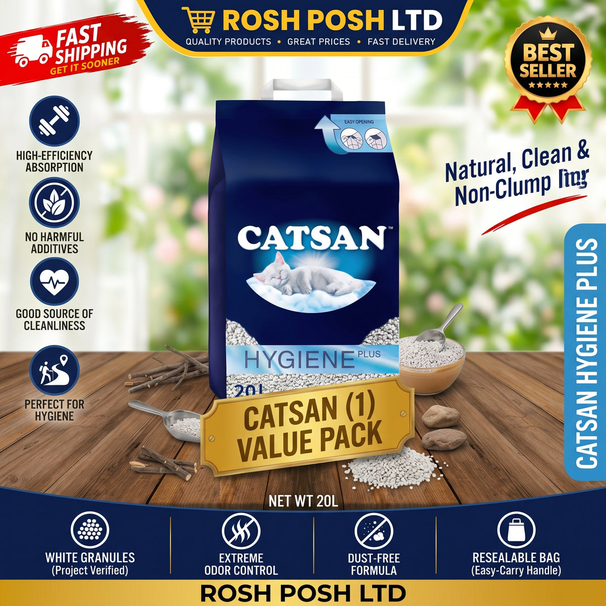 Catsan Hygiene Plus Cat Litter White, 20L  | Rosh Posh Ltd