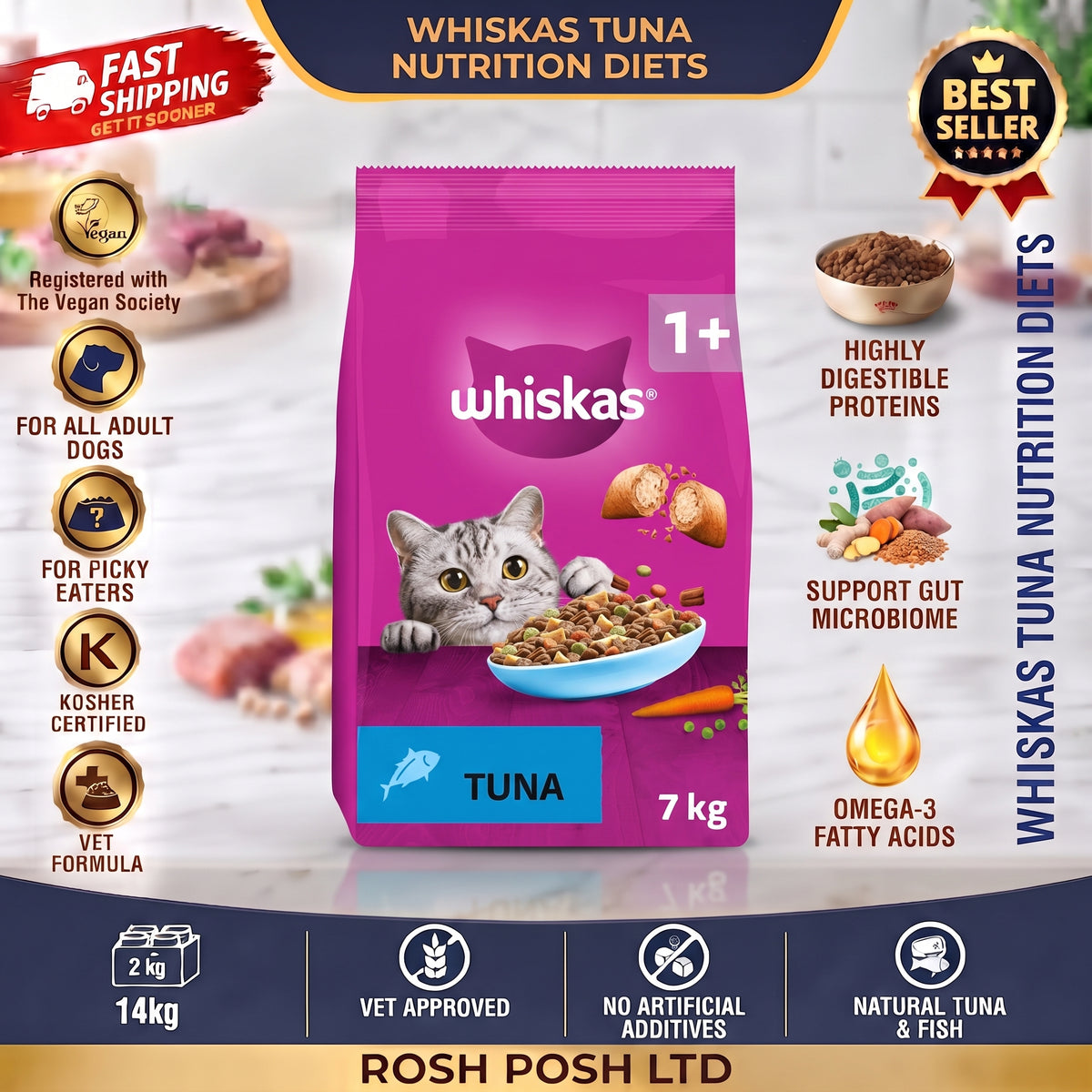 WHISKAS Adult Dry Cat Food 7kg with Tuna Rosh Posh LTD