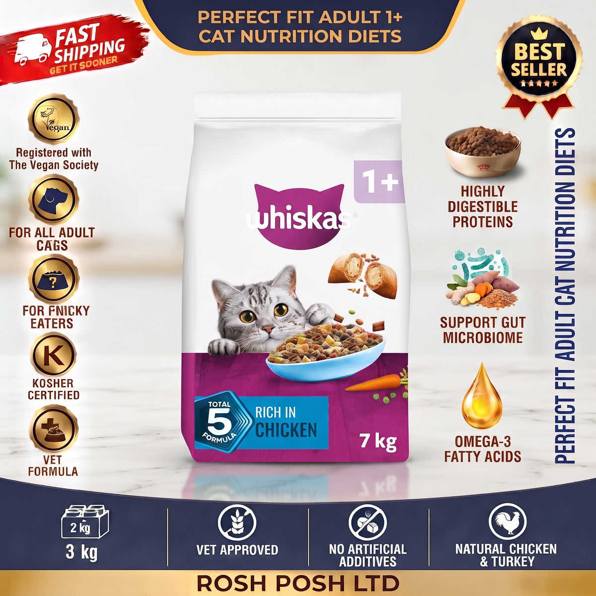 Adult 1+ Dry Cat Food Chicken 7 kgRosh Posh LTD