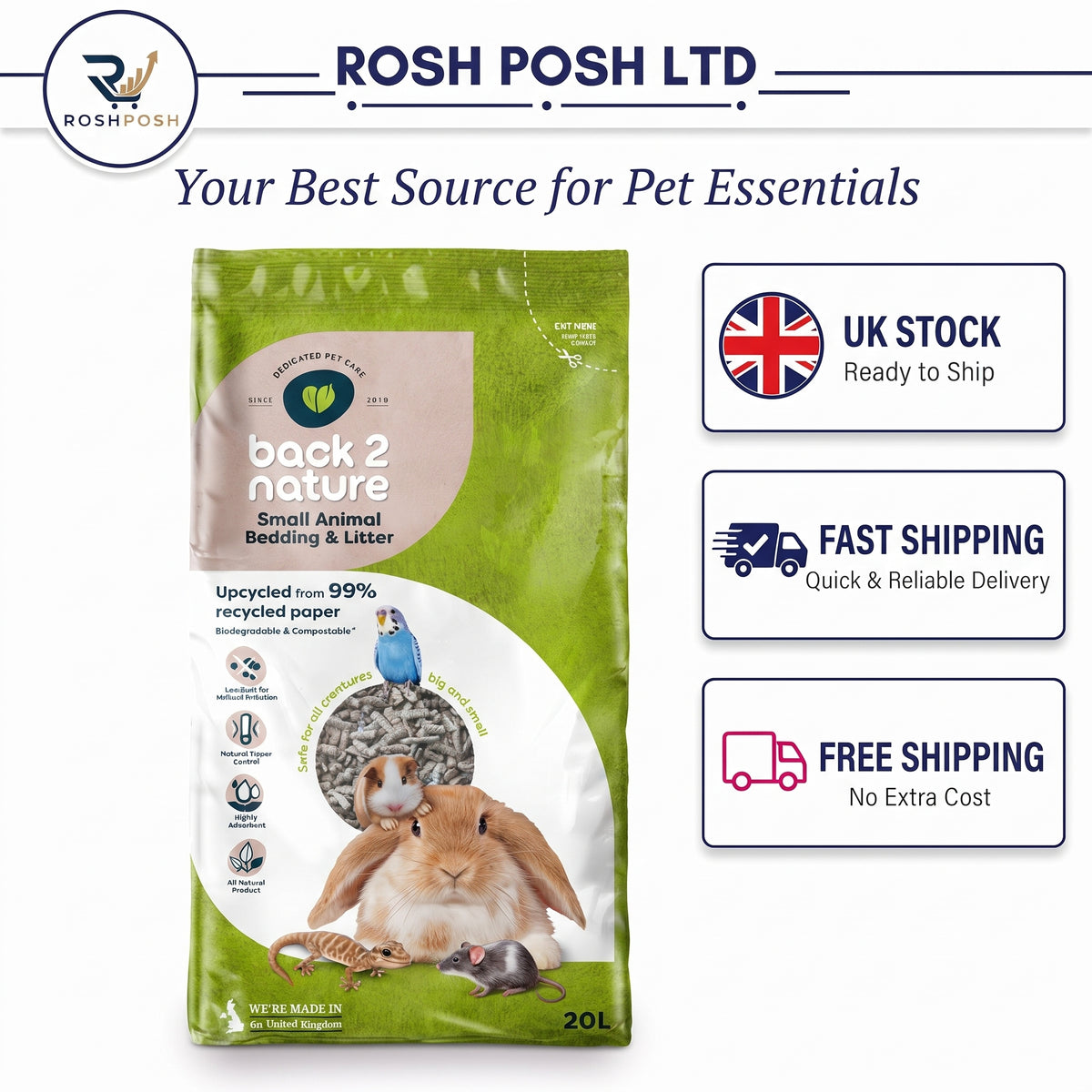 Back2Nature Small Animal Bedding (20L) - Non-Toxic Recycled Paper Rosh Posh LTD