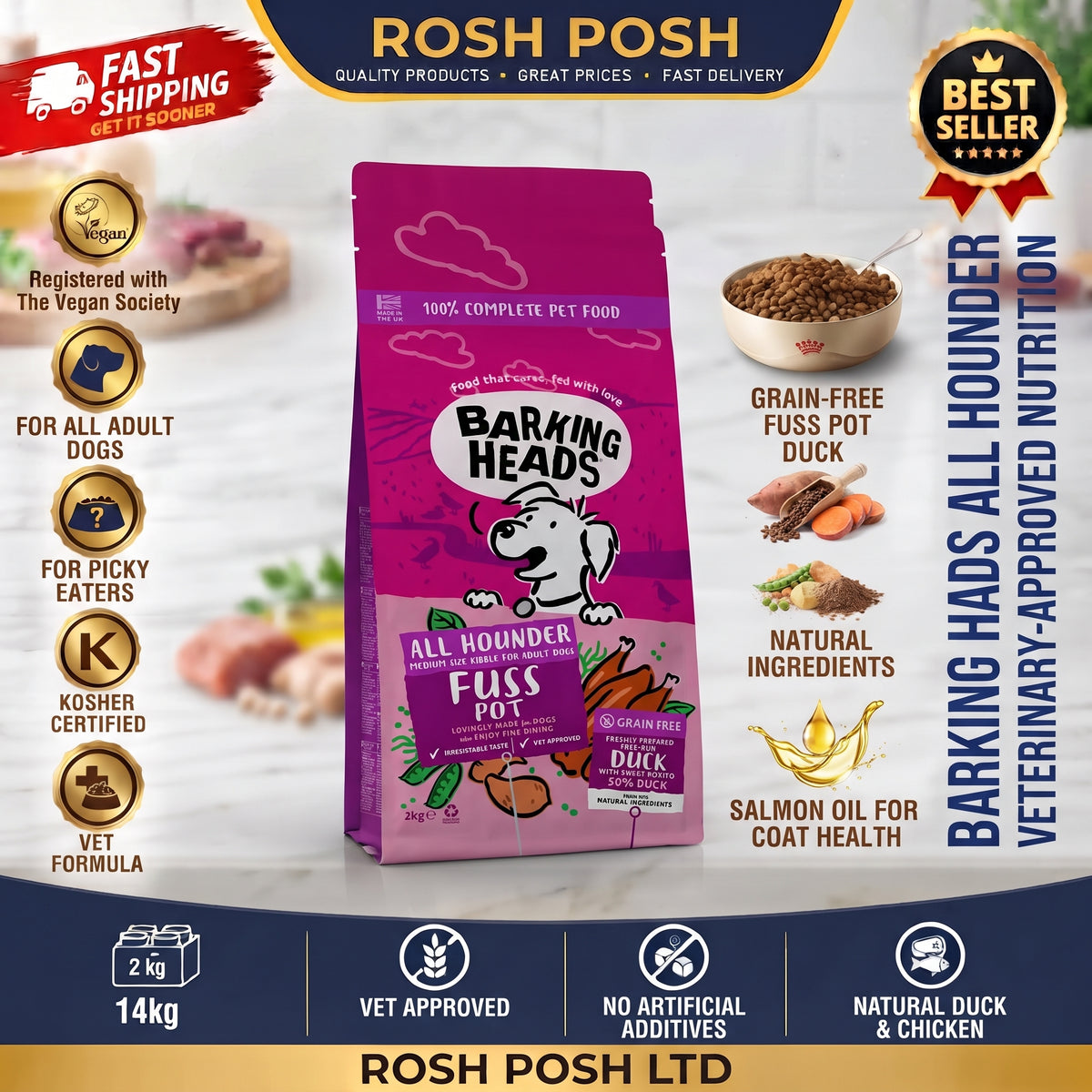 Barking Heads Complete Dry Dog Food 2kg - Adult All Hounder Fuss Pot Duck Rosh Posh LTD