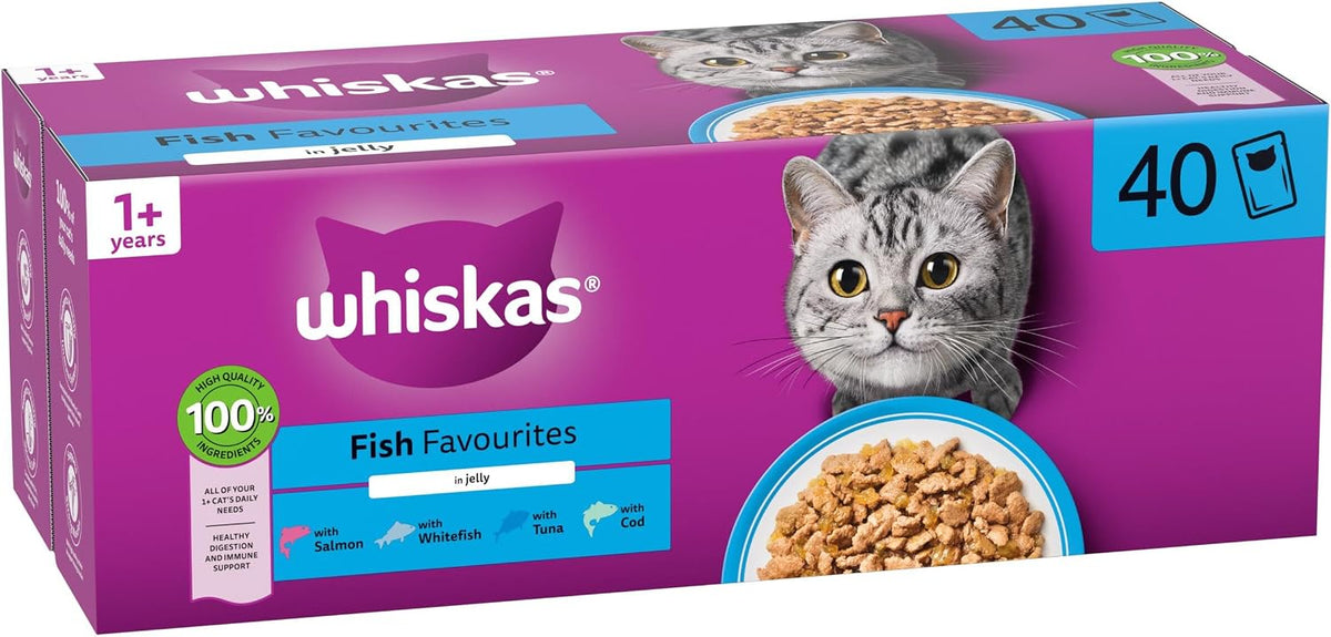WHISKAS Adult Wet Cat Food in Jelly 40x85g Fish Favourite1 Rosh Posh Ltd